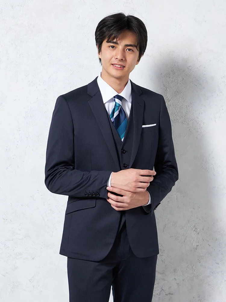 【上下ウォッシャブル】スリーピーススーツ2つボタン脚長スリムネイビーシャドウストライプNERO通年【スリムデザイン】