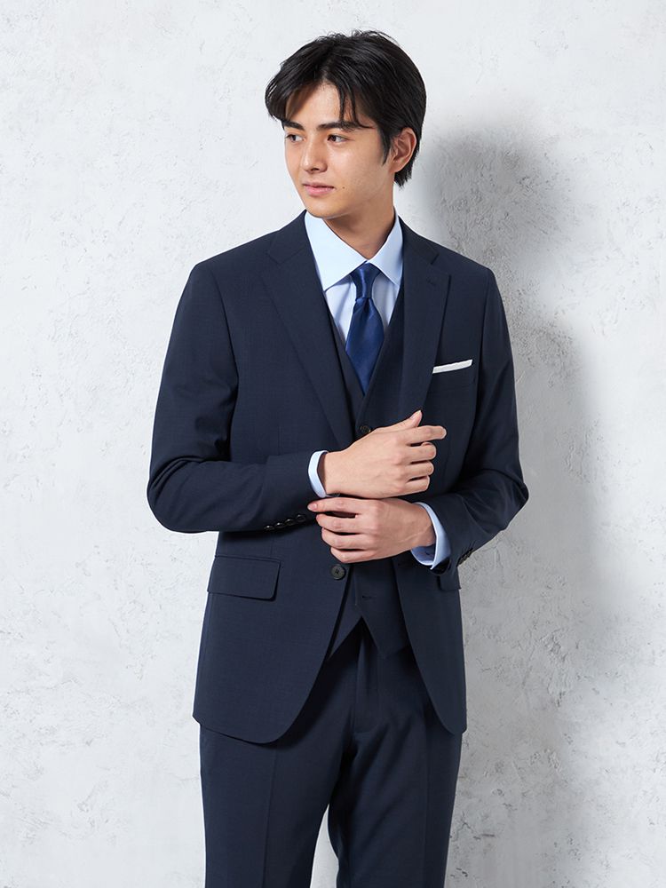 【パンツウォッシャブル】スリーピーススーツ2つボタン背抜きノータックネイビー千鳥格子S＆MBLUELABEL