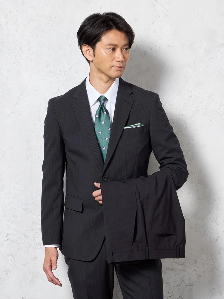 【軽量】スーツ2つボタンツーパンツ上下ウォッシャブルブラックストライプリッケンバッカー春夏