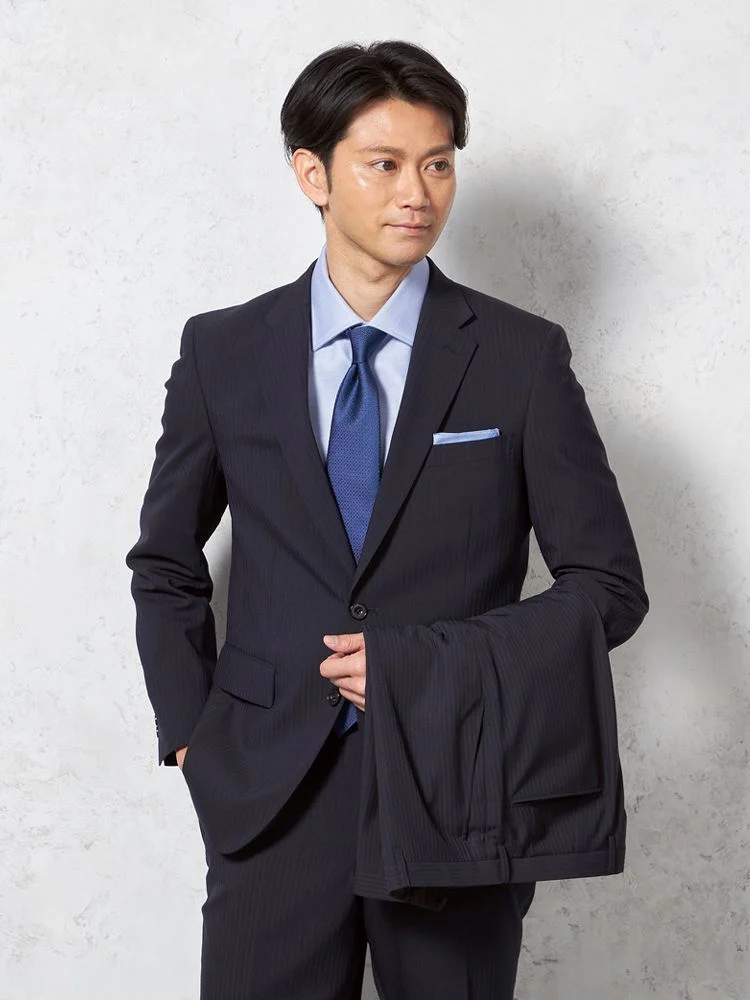 【軽量】スーツ2つボタンツーパンツ上下ウォッシャブルネイビーシャドウストライプリッケンバッカー春夏