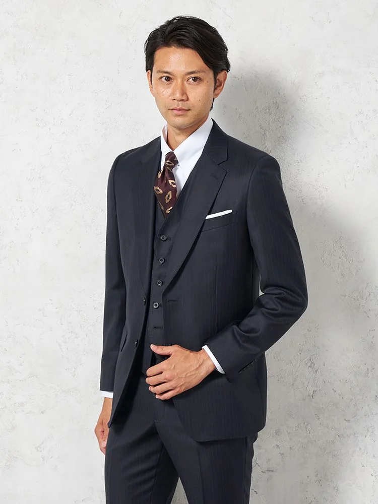 【ウール100%】スリーピーススーツ2つボタン【REDA】イタリアインポート素材ストライプRUCKENBACCHAR秋冬