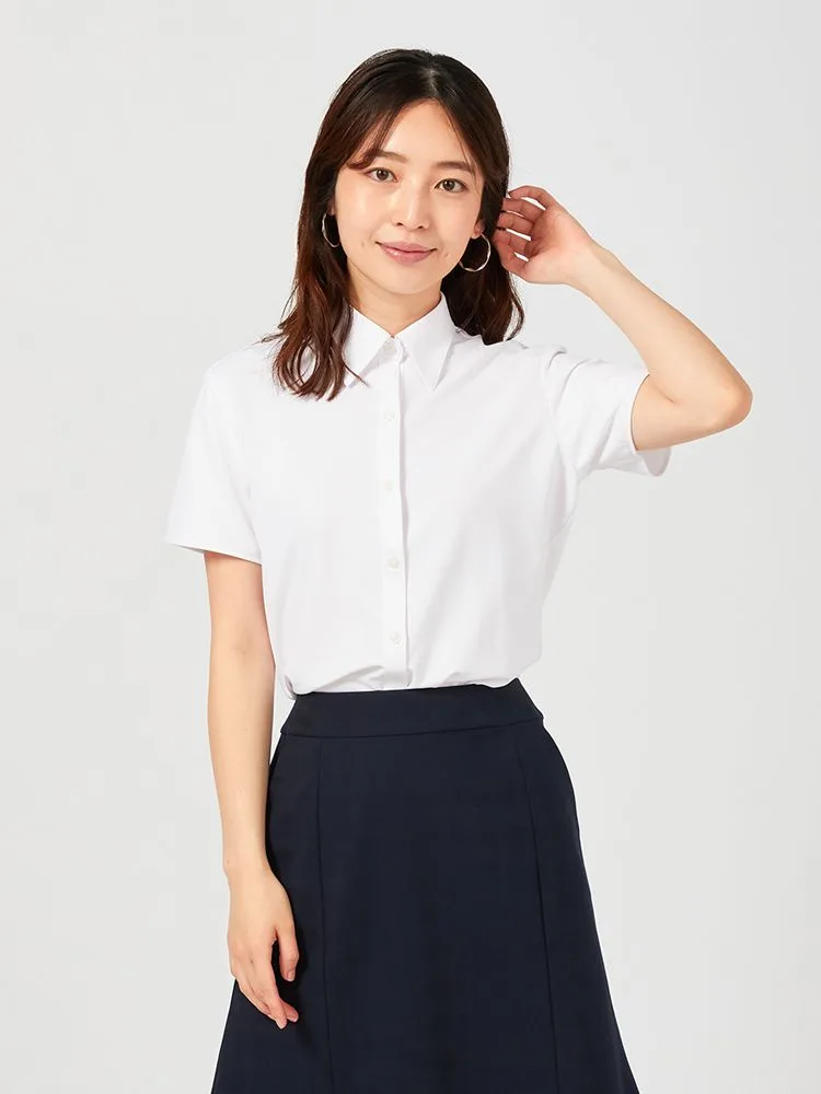 【完全ノーアイロン】ブラウス半袖シャツレギュラー【アイスライブ】冷感吸汗速乾白無地i-shirt春夏【レディース】