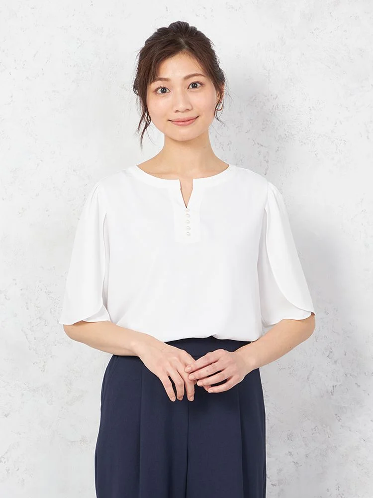 【ウォッシャブル】カットソー5分袖フロントパールUV加工無地SOFFICE春夏【レディース】