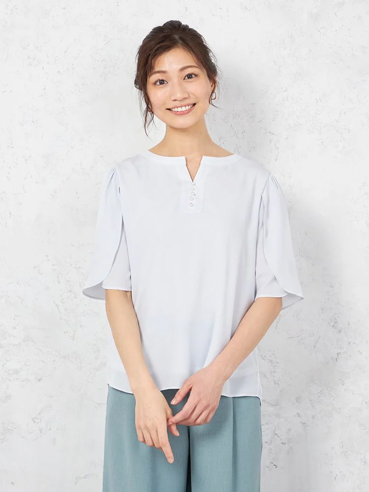【ウォッシャブル】カットソー5分袖フロントパールUV加工無地SOFFICE春夏【レディース】