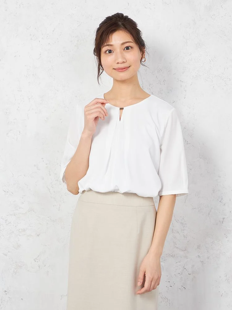 【ウォッシャブル】カットソー5分袖前V開きバー付UV加工無地SOFFICE春夏【レディース】