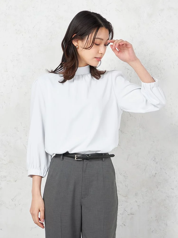 【ウォッシャブル】7分袖ロ－ルカラ－ブラウスUVカット透けにくい2枚仕立て無地SOFFICE春夏【レディース】