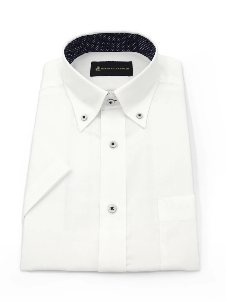 【形態安定】半袖ワイシャツボタンダウン別布白ドビー織柄無地ビバリーヒルズポロクラブ春夏