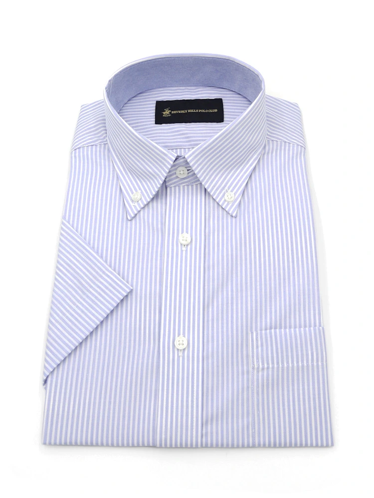 【形態安定】半袖ワイシャツボタンダウン別布ストライプビバリーヒルズポロクラブ春夏