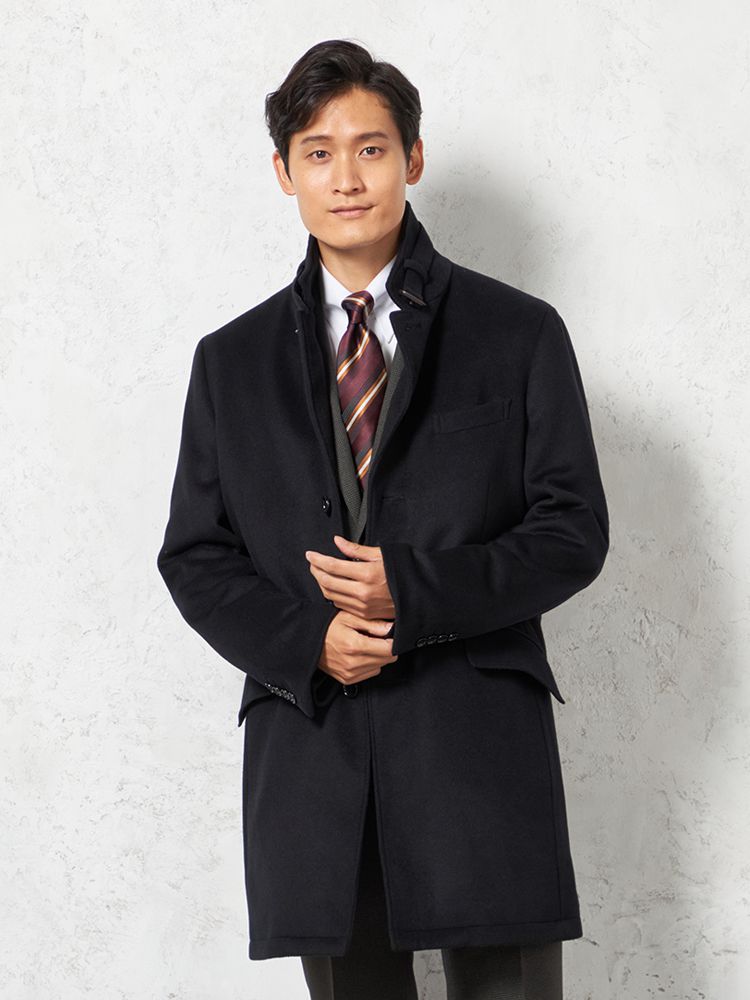 【カシミアブレンド】コンバーチブルチェスターコート無地nero秋冬【スリムデザイン】