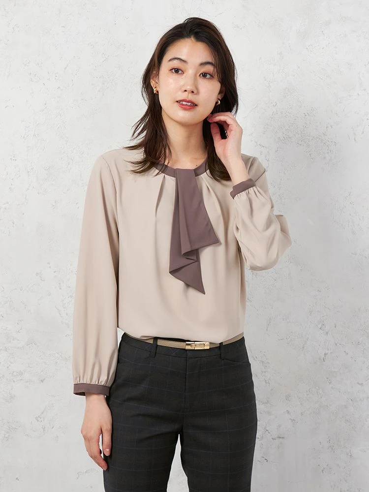 【ストレッチ】ラチネ織配色ボウタイ2WAYブラウス9分袖ウォッシャブルSOFFICE通年【レディース】