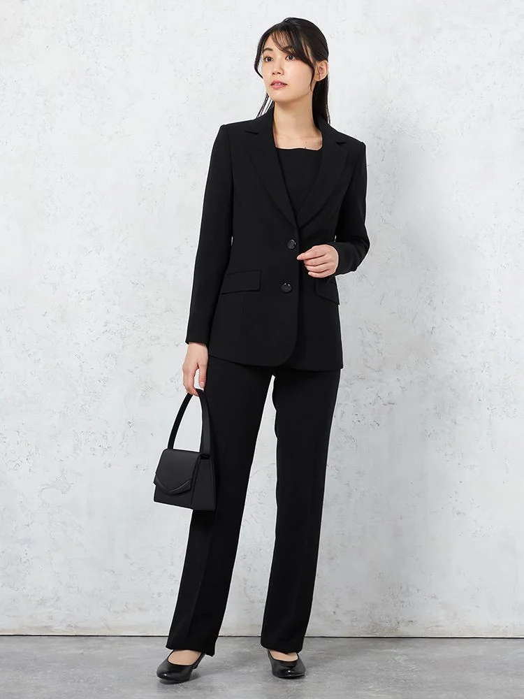 【ウォッシャブル】フォーマルジャケット/トップス/パンツ3点セットストレッチ黒無地通年礼服【レディース】