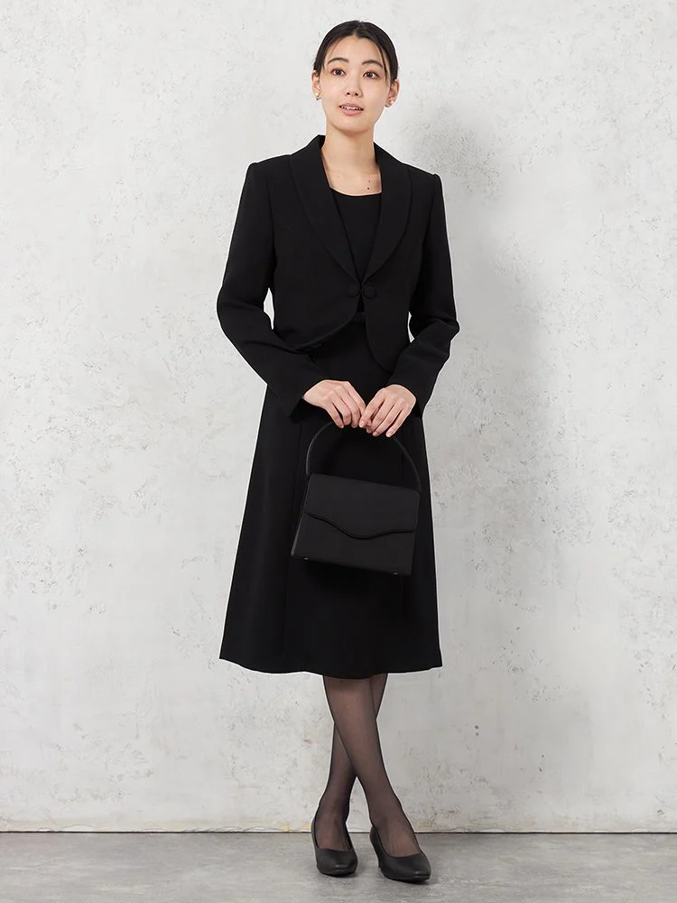 【即納】【WEB限定フォーマル】ショールカラーアンサンブルジャケット/ワンピース黒無地通年礼服【レディース】