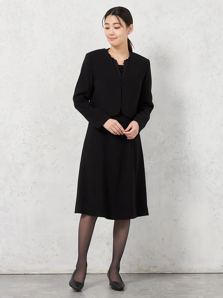 【即納】【WEB限定フォーマル】レースボレロ３点セットジャケット/ワンピース/ボレロ黒無地通年礼服【レディース】